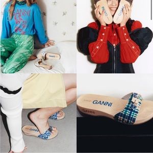 NEW GANNI x Dr.Scholl’s Blue Iris Plaid Wooden Slide Clog wedge women size 7